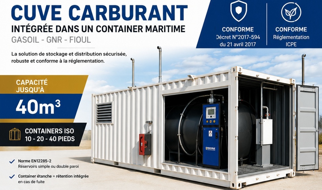 Station carburant en container ISO jusqu'&agrave; 40 m&sup3;. Gasoil, GNR et Fioul. Conforme EN12285-2, ICPE. Fabrication fran&ccedil;aise RL DISTRIB.